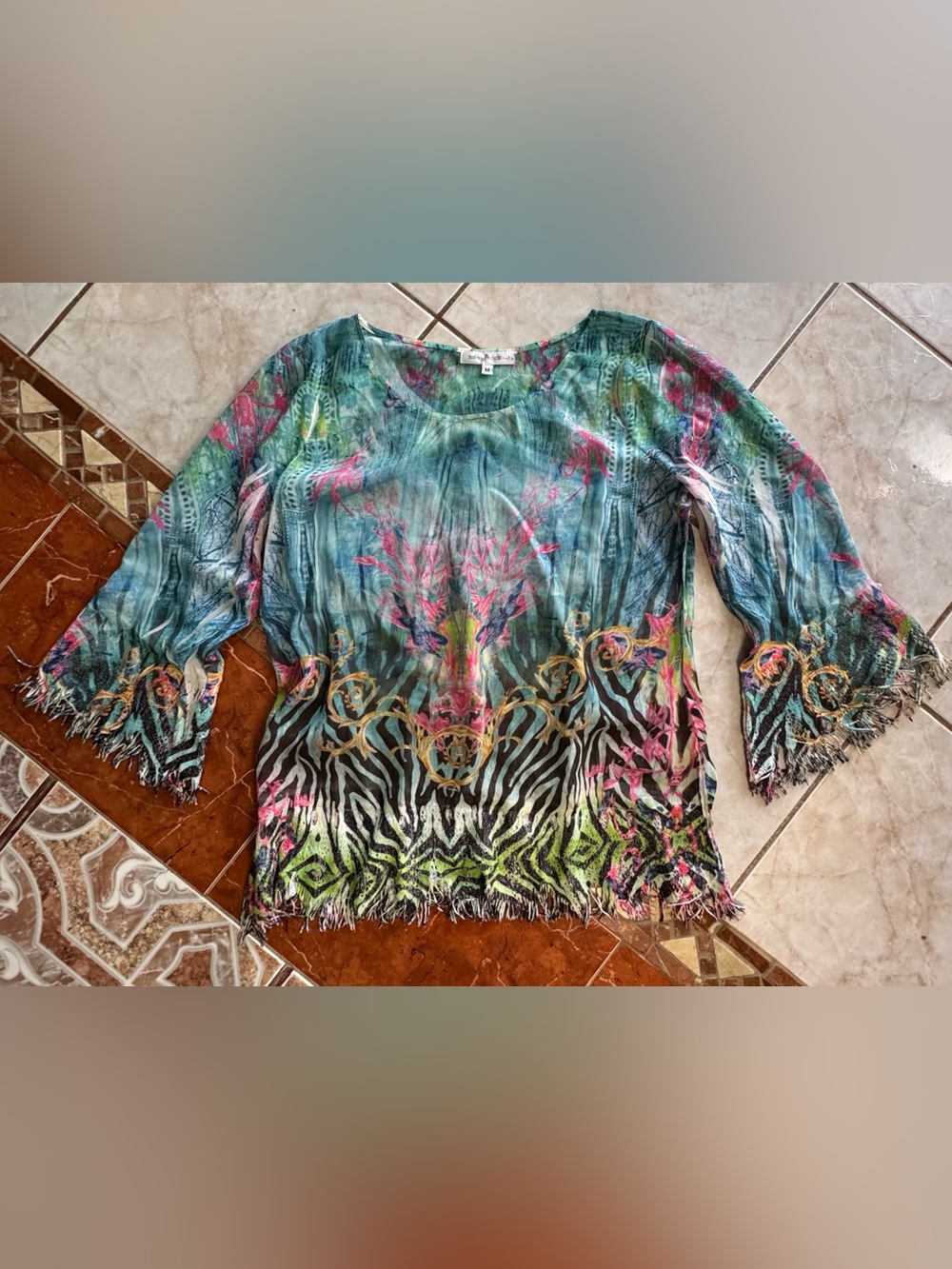 Sienna Rock Boho Vibrant Abstract Fringe Hem Blouse - Size M